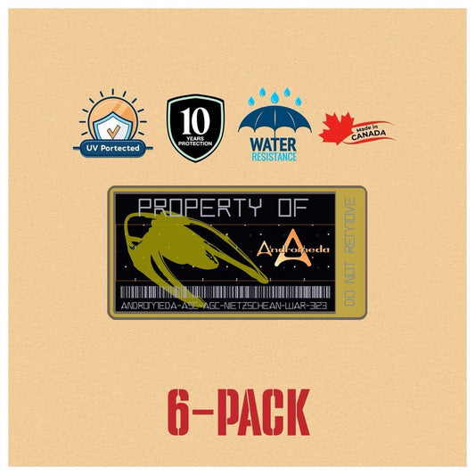 Andromeda Ascendant Asset Tag | Sci-Fi Security Label | Starship Property Sticker | Waterproof & UV-Resistant Vinyl Decal | 6-Pack